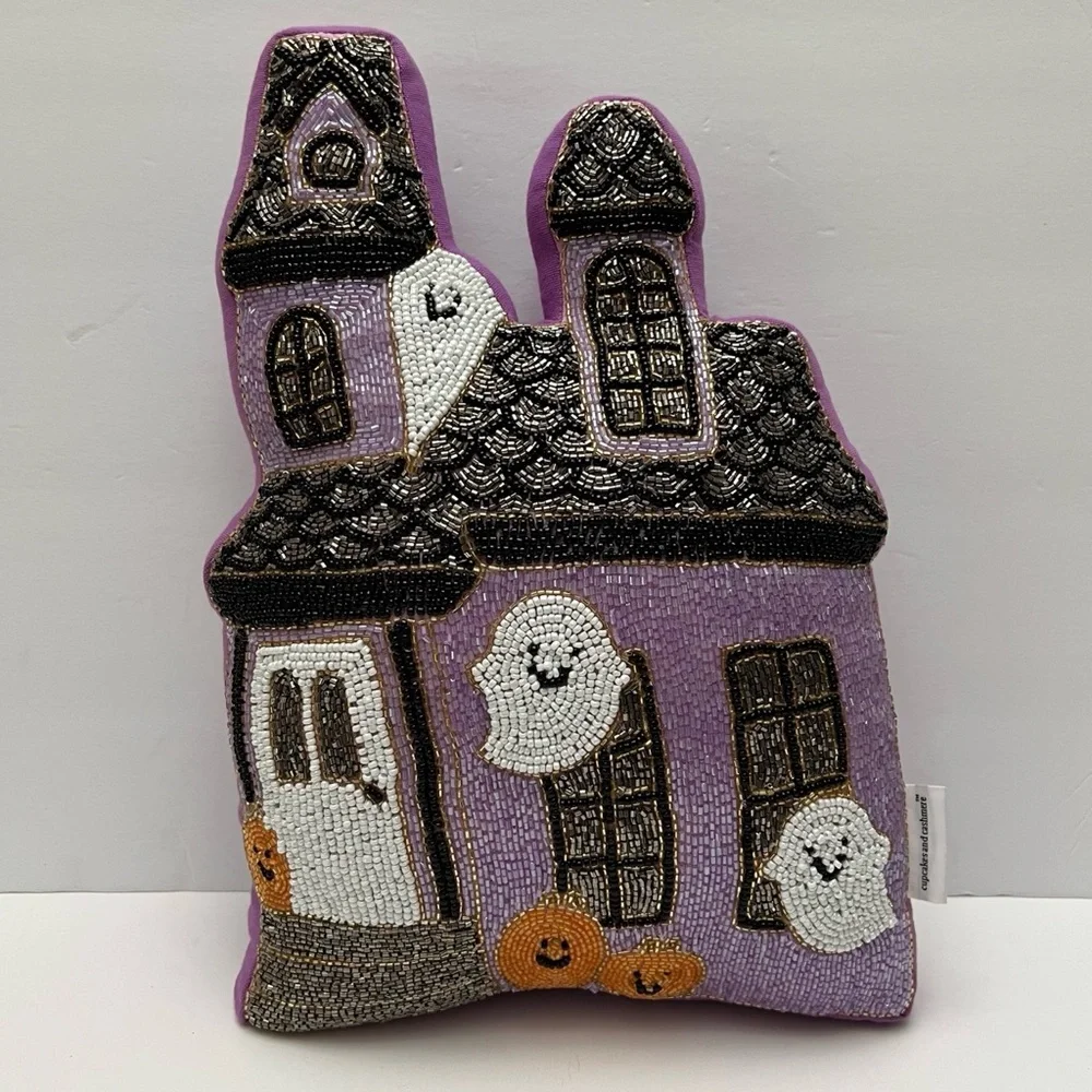 Cupcakes & Cashmere Set of 2 Beaded Halloween Ghost Haunted House Pillows NEW